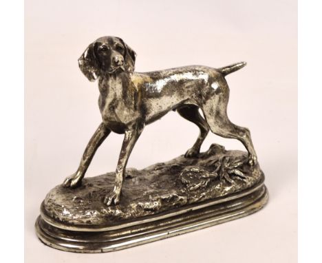 After MÊNE; a silvered model of a hunting dog on oval plinth, width 21cm.