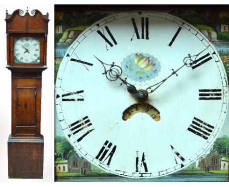 An early 19th century oak and mahogany crossbanded longcase clock with painted square section dial set with Roman numerals an