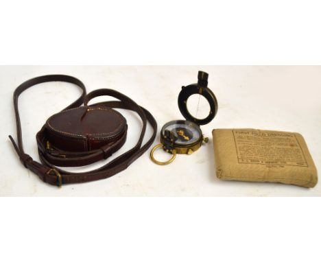 A WWI brass Werner's patent compass, stamped to the back "Cruchon & Emons London", no.45834, dated 1916, in fitted leather ca