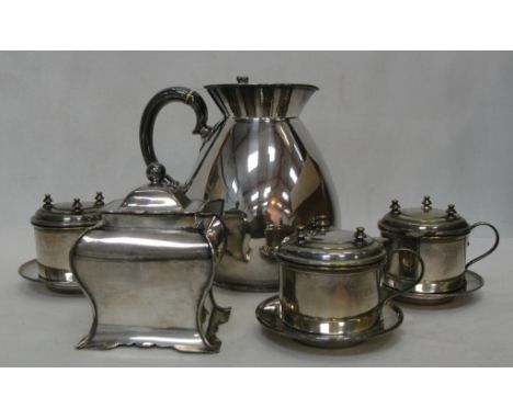 An Elkington plate water jug and three French cafetieres; together with a Sheffield plate tea caddy
