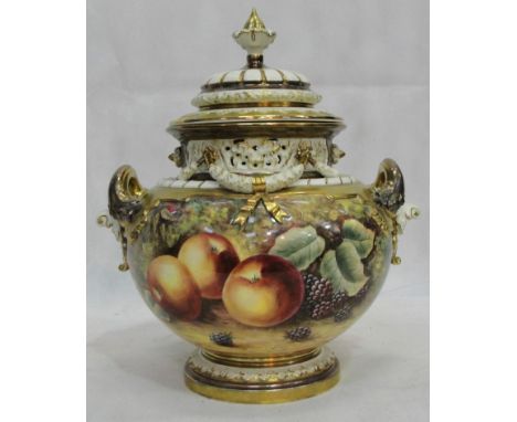 A large Royal Worcester hand-painted lidded urn vase decorated with peach, grapes and blackberries amongst foliage, signed by