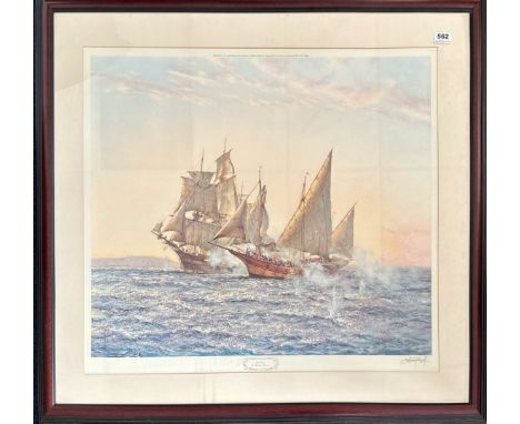 A pencil signed large print entitled ' The Corsair' by Montague Dawson, 101.5 x 88cm. Together with a framed limited edition 