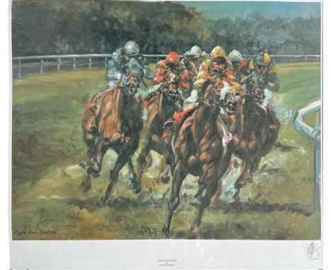 A large framed horse racing print by Claire Eva Burton, frame size 104.5 x 75cm. Together with a large framed horse racing pr