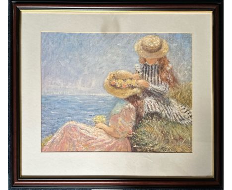 A large framed print of two girls sitting by the sea, frame size 76.5 x 65cm together with a framed limited edition 307/500 p