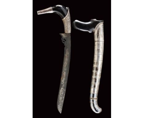 dating: 19th Century provenance: Sumatra, Slightly curved, single-edged blade, made of pamor, the base carved and pierced, do
