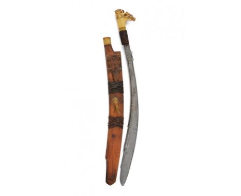 dating: 19th Century provenance: Borneo, Fine, curved, engraved, single-edged blade with brass inlays (missing parts) all ove