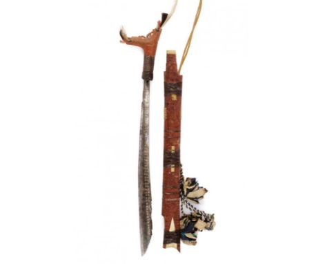 dating: 19th/20th Century provenance: Borneo, Single-edged blade with silver inlays and carvings at the base and at the back.
