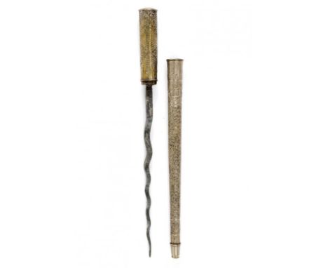 dating: circa 1900 provenance: Indonesia, Undulated blade made of fine pamor, of squared section, carved tang. Grip and scabb