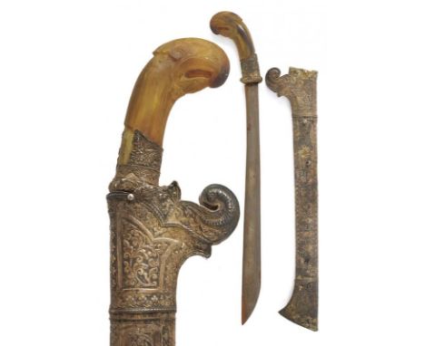 dating: Late 19th Century provenance: Sumbawa, Straight, single-edged, pamor blade. Silver ring nut decorated with racemes in