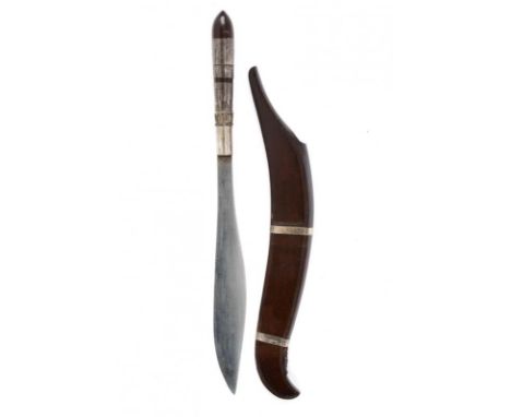 dating: early 20th Century provenance: Thailand, Solid, single-edged blade with shortened tang. Wooden grip with silver-inlai