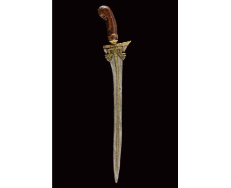 dating: 20th Century provenance: Giava, Slightly curved, pamor blade with double gilded Naga decoration. Ganja gilded en suit