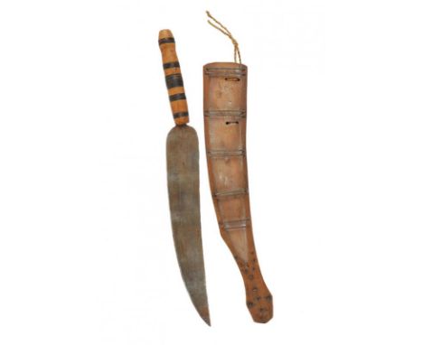 dating: 1910 - 1920 provenance: Taiwan, Wide and flat, single-edged blade. Wooden hilt decorated with copper wire. Wooden sca