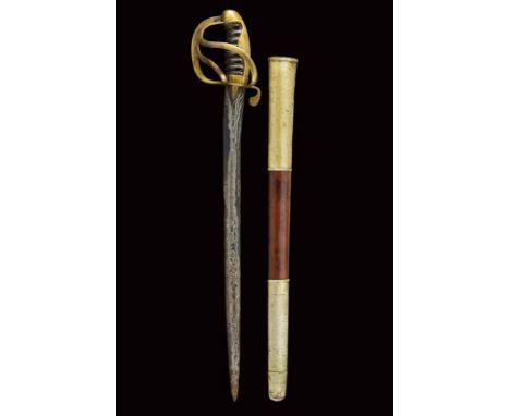 dating: 19th Century provenance: Indonesia, Slightly curved, double-edged blade made of fine pamor. European, brass hilt with