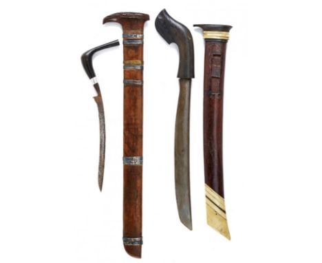 dating: circa 1900 provenance: Sumatra, Strong, slightly-curved, single-edged blade. Angled, wooden grip. Wooden scabbard wit