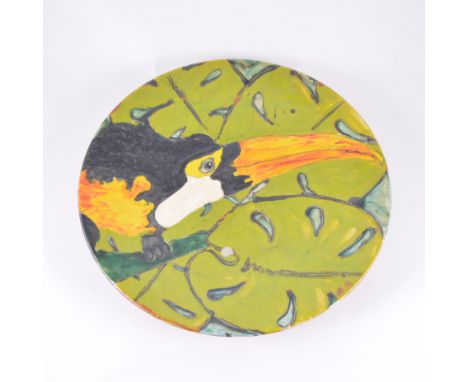 Lise B Moorcroft for Poole Pottery, a lustre charger, tubelined with a toucan, Poole backstamp, signed and dated 2000, 41cm d