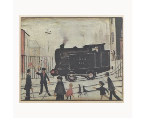 After L S Lowry,Level Crossing with Train,signed in pencil on the margin, 45.5cm x 55.5cm.Artist's Resale Rights are applicab