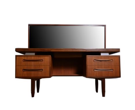 A G-Plan bedroom suite, comprising: dressing table, with elongated mirror, rectangular top above a slide compartment, two dra