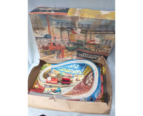 A VINTAGE WEST GERMAN PLASTIC AND TINPLATE 'MARKE TECHNOFIX' INDUSTRIAL TOY TRANSPORT SET (box very worn and taped)