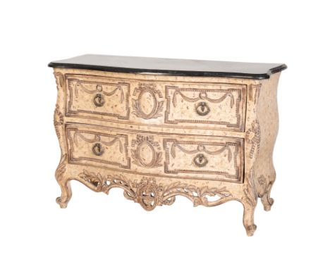 A PAINTED WOOD AND VENEERED MARBLE TOPPED SERPENTINE FRONT COMMODE in Louis XV taste, second half 20th century, the two drawe