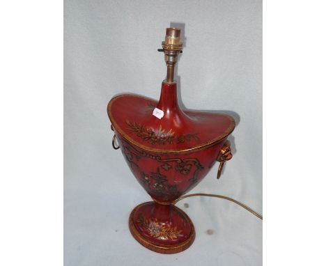 A CONTEMPORARY REGENCY STYLE TABLE LAMP in the style of 'tole-ware' with a 'Japanned' scene, 40cm high (plus fitting)