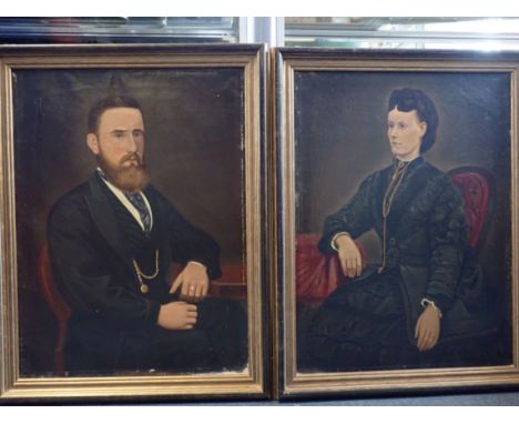 A PAIR OF NAIVELY PAINTED VICTORIAN OIL ON CANVAS PORTRAITS in modern frames, and a signed Jocelyn Galsworthy cricketing prin