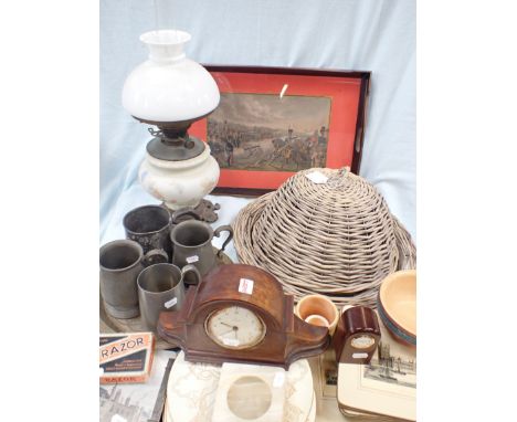AN OIL LAMP WITH HINKS BURNER a tray decorated with a military print, pewter mugs and sundries