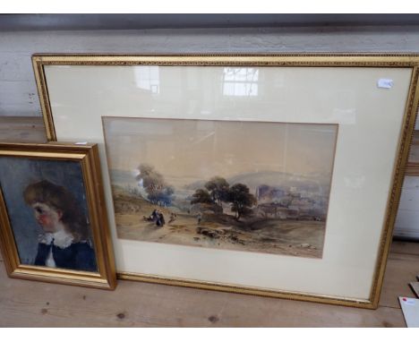A VICTORIAN WATERCOLOUR VIEW OF A HARBOUR AND TOWN seen from hills, (discoloured, spotted) and a Victorian oil on canvas port