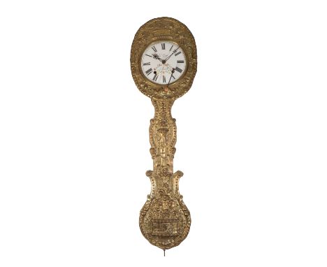 A FRENCH BRASS REPOUSSE COMTOISE CLOCK by Ls. Gaye a L'estelle, the oval surround decorated with flowers and a ploughing scen
