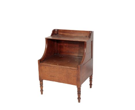 A GEORGE III OAK STEP COMMODE circa 1775, with half gallery above the hinged top, the interior refitted beneath the hinged se