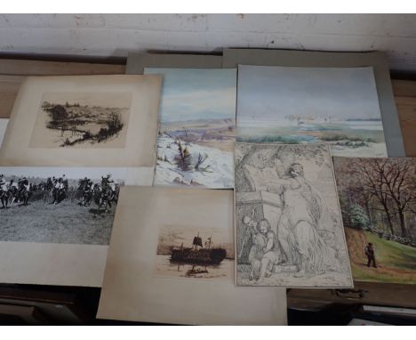 A SMALL COLLECTION OF UNFRAMED PRINTS, WATERCOLOURS and a vintage photograph of a horse race