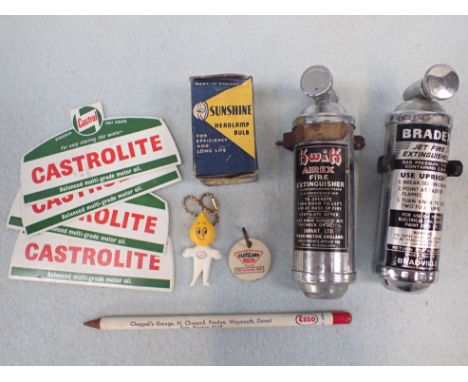 MOTORING: TWO VINTAGE CAR FIRE EXTINGUISHERS, 'CASTROLITE' ICE-SCRAPERS and other automobilia