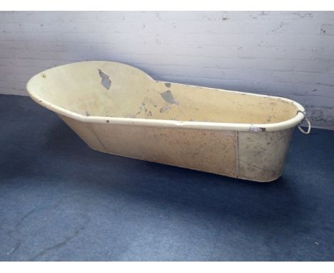 A VINTAGE ZINC BATHTUB with plug hole, 164 cm long, (painted)