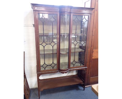 AN EDWARDIAN MAHOGANY DISPLAY CABINET with central bowed glass panel 110 cm wide x 176 cm high (staining to interior lining)