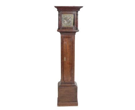 A SMALL 18TH CENTURY STYLE OAK LONGCASE CLOCK the plain case with single long drawer and square hood with turned columns, the