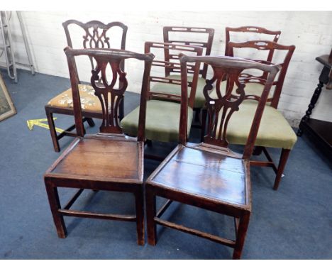 A PAIR OF GEORGE III ELM 'COUNTRY CHIPPENDALE' CHAIRS, WITH PANEL SEATS another similar, and four ladderback chairs (note old
