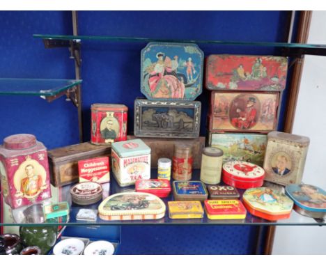 A COLLECTION OF VINTAGE TINS to include an 'Edward VII' tea cannister, 1930s tins and 1950s tins