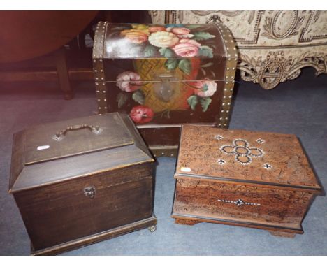 A PENWORK AND MOTHER-OF-PEARL DECORATED BOX a reproduction casket, and a similar trunk painted with flowers