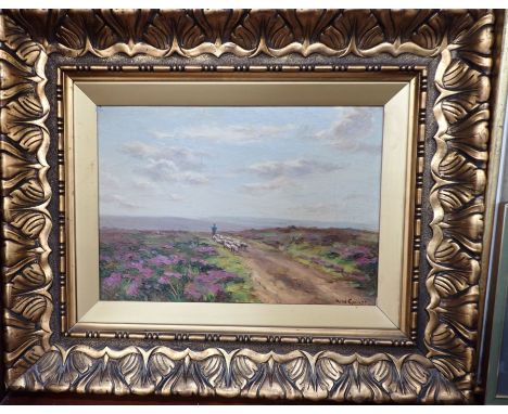 R W E.....(EAMES ?): DROVER OR SHEPHERD ON HEATHLAND, OIL ON CANVAS in gilt frame 44 x 54 cm overall (chips to frame)
