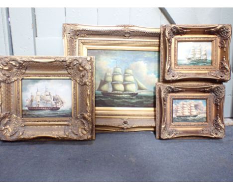 A REPRODUCTION MARITIME PRINT and three others similar, all in heavy gilt frames