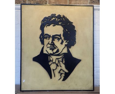 BROUGH ROBERTSON: A FRETWORK PORTRAIT OF BEETHOVEN "ebonised, on a cream painted background 81 cm wide