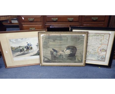 A VICTORIAN PRINT: 'A FLOOD', A PRINT AFTER ALKEN and a reproduction Saxton map of Hampshire