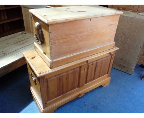 A 19TH CENTURY PINE SEAMAN'S TRUNK with rope handles and a reproduction pine coffer (2)