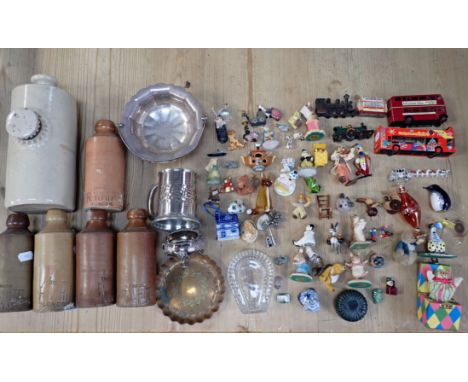 A STONEWARE HOT WATER BOTTLE, R. WHITE'S BOTTLES a plated dish, miniature ornaments and sundries