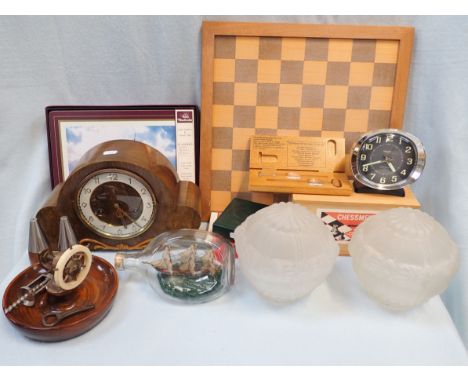 A PAIR OF 1930S GLASS LAMPSHADES a ship in a bottle, a chess board and sundries