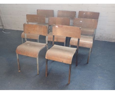 EIGHT VINTAGE TUBULAR STEEL AND PLYWOOD SCHOOL CHAIRS seats 31 cm high