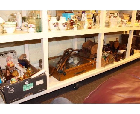 Collection of thimbles, figures, metal wares and camera, walking sticks, copper kettle, wood items, display case and collecta