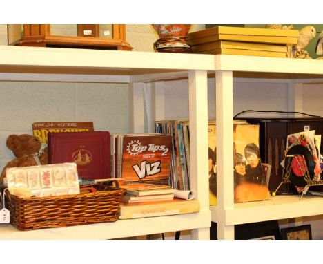 Table lamp, display case, record player, records including Beatles, cigarette cards, Lloyds Register 72/73, model vehicles, e