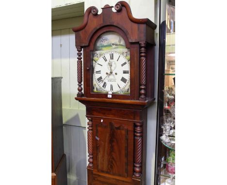 Antique crossbanded mahogany eight day longcase clock having painted arched dial, signed A. Schonhart, Dowlais