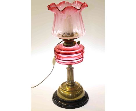Brass column oil lamp with ruby glass reservoir and etched ruby shade (converted to electric)