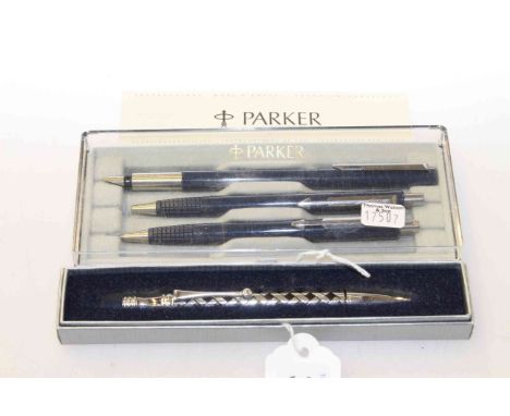 Parker pen, biro and pencil set and Orchid biro (2)